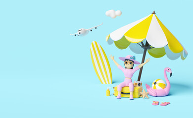 summer travel with woman sitting on yellow suitcase and surfboard,umbrella,Inflatable flamingo,palm,camera,sandals, isolated on blue background ,concept 3d illustration or 3d render