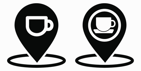 Location of the cafe. GPS and cup. Point on the recreation map. Restaurant icon. Vector icon.