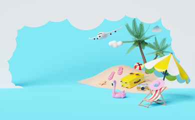 Fototapeta na wymiar summer travel with yellow suitcase, beach chair,sunglasses,camera,umbrella,Inflatable flamingo,coconut tree,sandals,plane,cloud isolated on blue background ,concept 3d illustration or 3d render