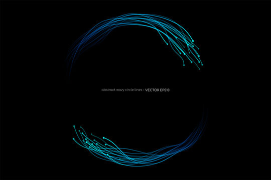 Abstract wavy dynamic blue light lines circle swirl round frame isolated on black background in concept technology, neural network, neurology, science, music.
