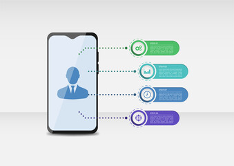 Business marketing report with smartphone device. Creative business presentation design for infographics. Illustration of digital information for presentation. Smartphone standing on the floor