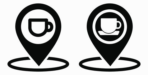 Location of the cafe. GPS and cup. Point on the recreation map. Restaurant icon. Vector icon.