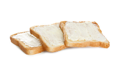 Delicious toasts with butter on white background
