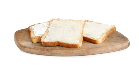 Delicious toasts with butter on white background
