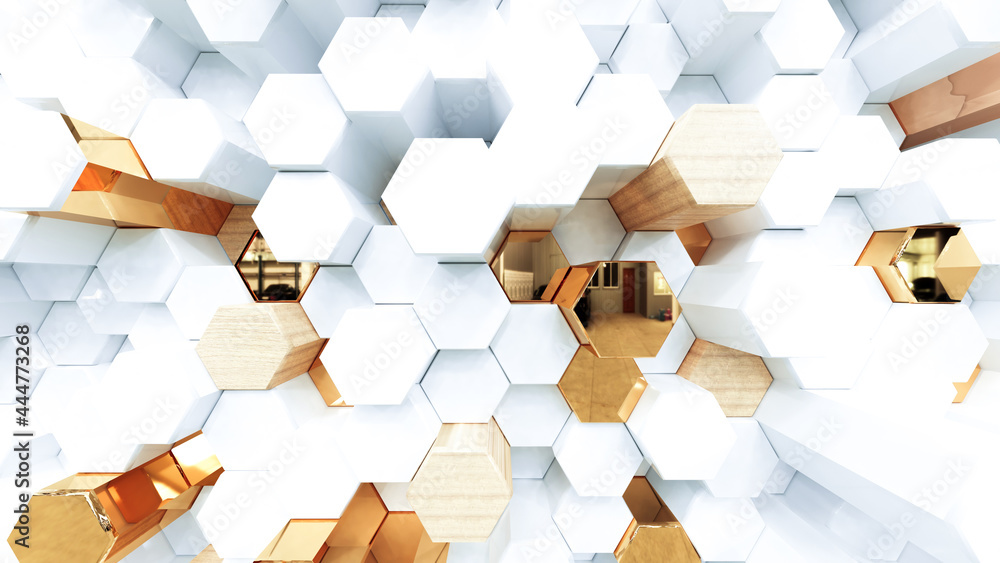 Wall mural abstract luxury background with golden hexagons. 3d rendering.