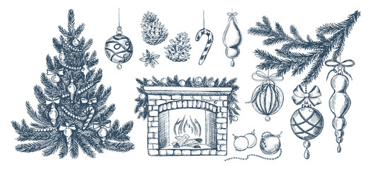 Christmas tree, fireplace, toys. Hand drawn illustration.	
