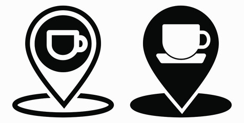 Location of the cafe. GPS and cup. Point on the recreation map. Restaurant icon. Vector icon.