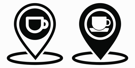 Location of the cafe. GPS and cup. Point on the recreation map. Restaurant icon. Vector icon.