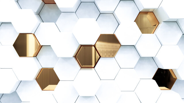 Abstract luxury background with golden hexagons. 3d rendering. © Yury