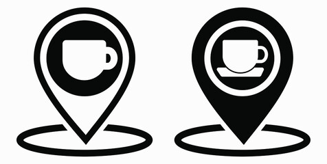 Location of the cafe. GPS and cup. Point on the recreation map. Restaurant icon. Vector icon.