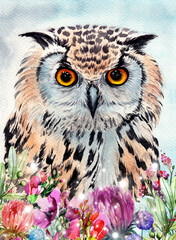 Watercolor illustration of an owl with spotted contrasting white and black feathers and bright amber yellow eyes in green leaves and flowers