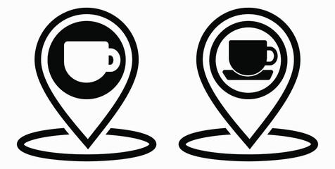 Location of the cafe. GPS and cup. Point on the recreation map. Restaurant icon. Vector icon.