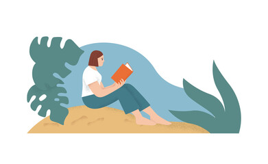 Happy girl reading book on summer island concept