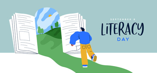 Literacy Day open book door landscape web banner