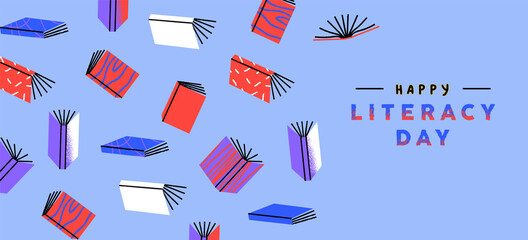 Literacy Day web banner color retro book cartoon