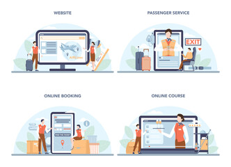 Stewardess online service or platform set. Flight attendants help passenger