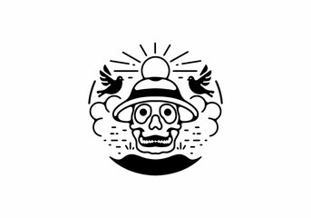 Black line art illustration of skull wearing hat