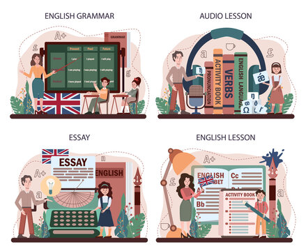 English class concept set. Study foreign languages in school. Grammar
