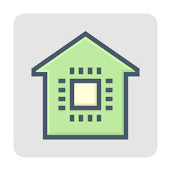 Smart home or home automation vector icon consist of home or house and microchip. Technology processor to monitoring, control system of electricity, energy, security i.e. thermostat, camera. 48x48 px.
