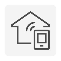 Smart home or home automation vector icon. Include mobile phone or smartphone. That device or remote to control system, electricity i.e. thermostat, temperature, energy, light and security. 48x48 px.
