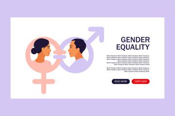 Gender equality concept. Landing page for web. Men and women character on the scales for gender equality. Vector illustration. Flat.