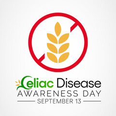 National Celiac Disease awareness day is observed every year on September 13, it is an immune reaction to eating gluten, a protein found in wheat, barley and rye. Vector illustration