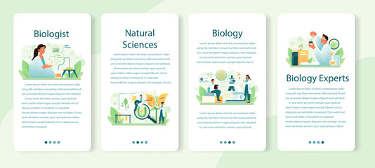 Biologist mobile application banner set. Scientist make laboratory analysis