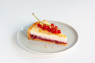 One piece of cottage cheese cake with red currant berries