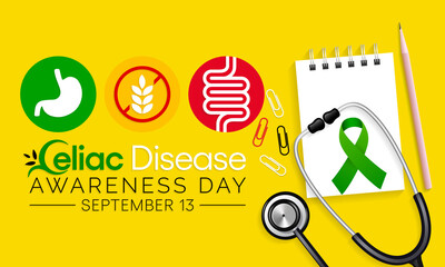 National Celiac Disease awareness day is observed every year on September 13, it is an immune reaction to eating gluten, a protein found in wheat, barley and rye. Vector illustration