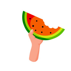 Hand hold watermelon. Piece of sliced fruit. Red and green sweet food. Flat cartoon illustration