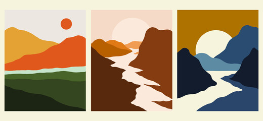 minimalist landscape vector illustration. creative abstract scenery of the mountain, ocean, lake, and sky. sunset and sunrise nuance in earth tone color. trendy contemporary design illustration.