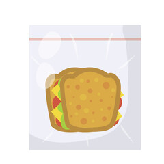 Sandwich in bag. Package with breakfast. School lunch in a zip lock bag. Flat illustration