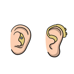 Hearing aid. Audiphone in ear. Set of Cartoon illustration. Hearing problems and disabilities