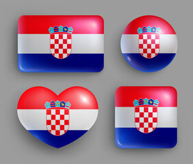 Naklejka premium Set of glossy buttons with Croatia country flag. Europe country national flag shiny badges of geometric shapes. Croatia symbols in patriotic colors realistic vector illustration