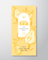 Fruit and Berries Tea Label Template. Abstract Vector Packaging Design Layout with Realistic Shadows. Hand Drawn Pear with Half and Leaves Decor Silhouettes Background. Isolated
