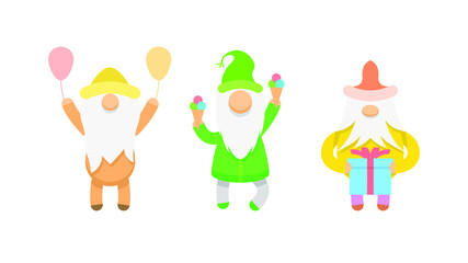 Set Abstract Collection Cute Flat Cartoon Different Character Gnomes With Balloons Ice Cream Gift Holiday Birthday Vector Design Style Elements