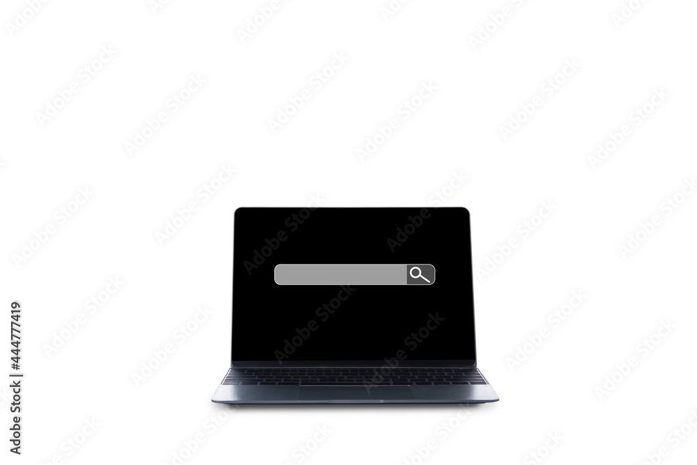 Poster laptop with blank screen and searching online on white or isolated background, copy space for text.