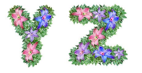 The letters Y, Z are made of Clematis flowers