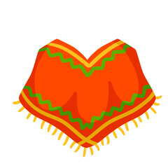 Poncho. Red and orange Mexican Cape. The national dress with pattern. Ethnic culture of South America. Flat cartoon illustration
