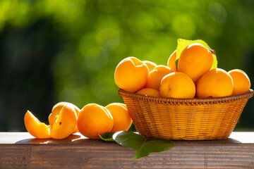 Ripe sweet apricots in a wicker basket and on a rustic wooden table surface in the summer green...