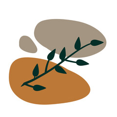 Plant on background of colored spots. Black botanical branch and brown and gray geometric abstract pattern in a minimalist style. Doodle object