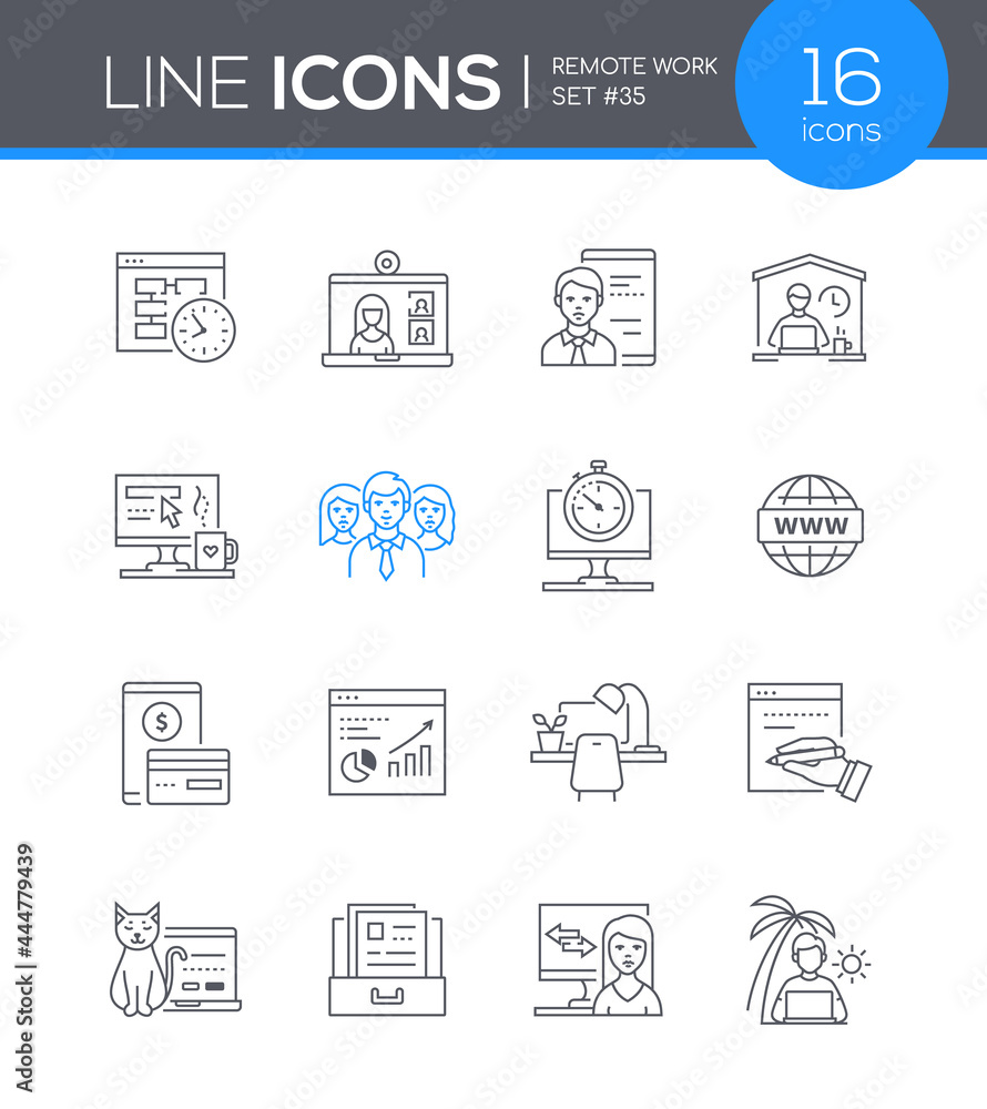 Poster remote work - line design style icons set