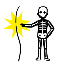 Electric shock. Skeleton touch electric wire with current. Danger and high voltage incident. Caution sign. Danger silhouette of man. Flat illustration