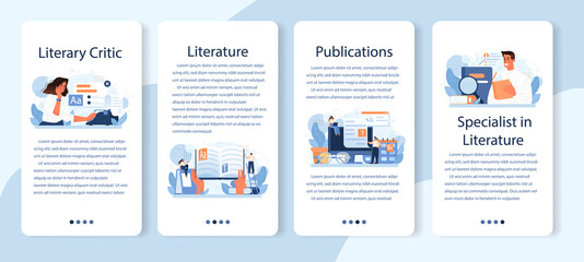 Literary critic mobile application banner set. Professional journalist