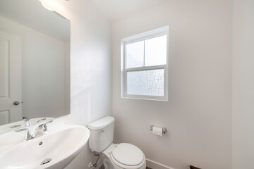 Fototapeta na wymiar Small white bathroom with patterned matte glass window panel
