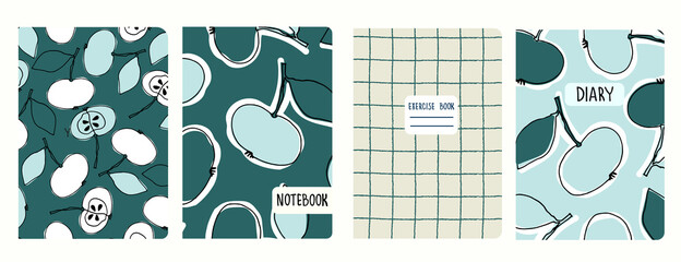 Set of cover page templates with apples and hand drawn gridlines. Based on seamless patterns. Headers isolated and replaceable. Perfect for notebooks, notepads, diaries