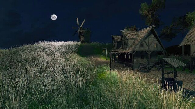 Empty medieval village square with traditional european half-timbered houses and old windmill under dark night sky with full moon. With no people rural landscape 3D animation rendered in 4K