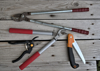 A variety of cutting tools used by gardeners and landscape workers for pruning and maintaining...