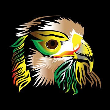 Colorful bright golden eagle on a black background. Abstract creative vector illustration of a bird of prey.