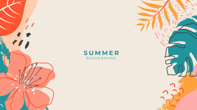 Tropical summer doodle vector banner with space for text. Colorful abstract vector design background for poster, invitation and cover with tropical leaves, shapes and textures